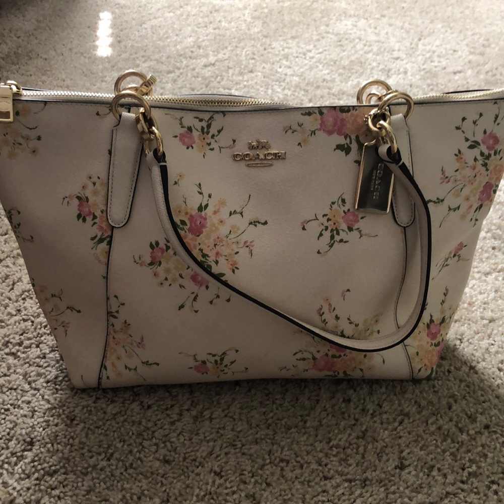 Coach floral cream colored bag with pink/green